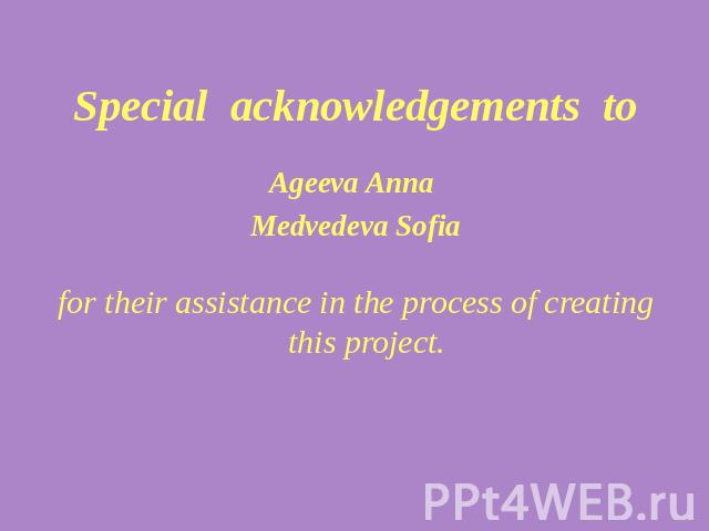 Special acknowledgements toAgeeva Anna Medvedeva Sofiafor their assistance in the process of creating this project.
