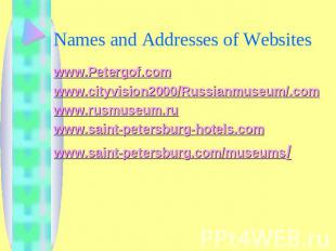 Names and Addresses of Websites www.Petergof.comwww.cityvision2000/Russianmuseum