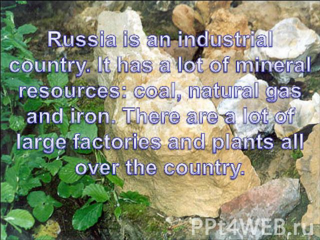 Russia is an industrial country. It has a lot of mineral resources: coal, natural gas and iron. There are a lot of large factories and plants all over the country.