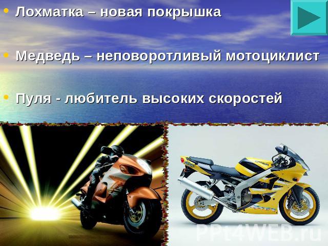 Лохматка – новая покрышкаМедведь – неповоротливый мотоциклистПуля - любитель высоких скоростей