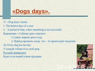 «Dogs days». 17. «Dog days» means 1. The hottest days of a year2.   A period of