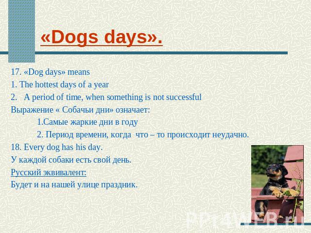 «Dogs days». 17. «Dog days» means 1. The hottest days of a year2.   A period of time, when something is not successfulВыражение « Собачьи дни» означает: 1.Самые жаркие дни в году 2. Период времени, когда что – то происходит неудачно.18. Every dog ha…