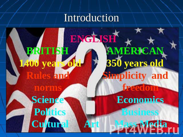 Introduction ENGLISH BRITISH AMERICAN 1400 years old 350 years old Rules and Simplicity and norms freedom Science Economics Politics Business Cultural Art Mass Media