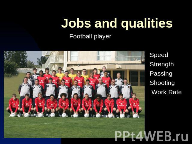 Jobs and qualities Football player Speed Strength Passing Shooting Work Rate
