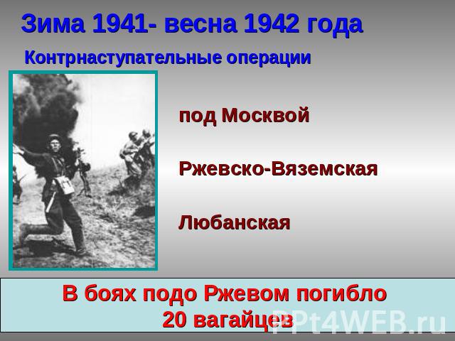 Зима 1941- весна 1942 года Контрнаступательные операции под Москвой Ржевско-Вяземская В боях подо Ржевом погибло 20 вагайцев