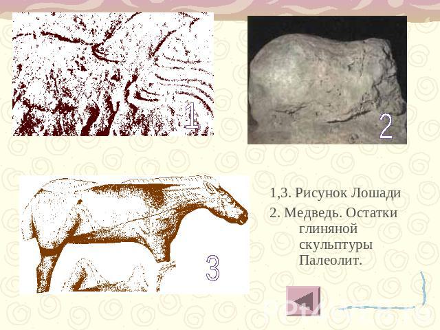1,3. Рисунок Лошади2. Медведь. Остатки глиняной скульптуры Палеолит.