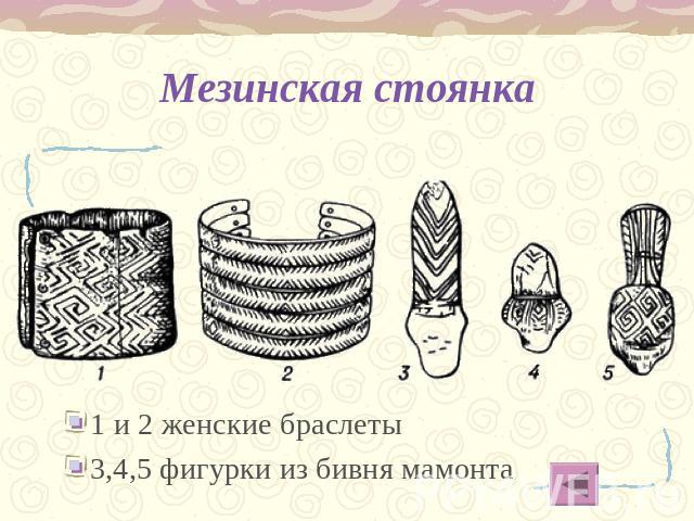 Мезинская стоянка 1 и 2 женские браслеты3,4,5 фигурки из бивня мамонта