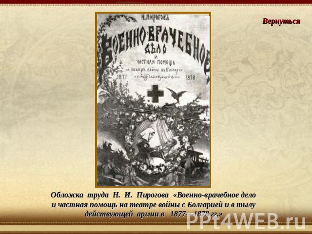 Обложка труда Н. И. Пирогова «Военно-врачебное делои частная помощь на театре войны с Болгарией и в тылудействующей армии в 1877—1878 гг.»