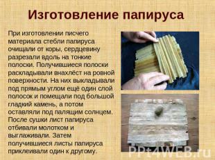 Изготовление папируса При изготовлении писчего материала стебли папируса очищали