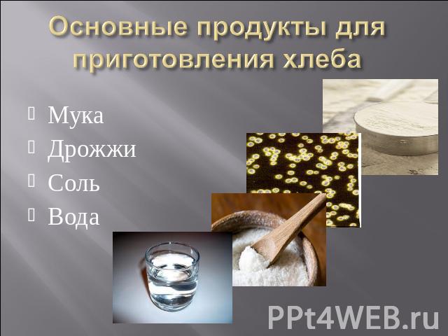 Основные продукты для приготовления хлеба МукаДрожжиСольВода
