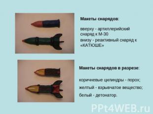 Макеты снарядов:вверху - артиллерийский снаряд к М-30внизу - реактивный снаряд к