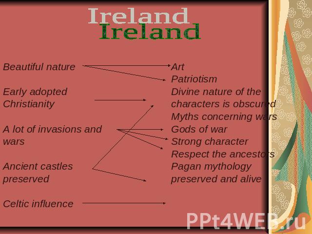 Ireland Beautiful natureEarly adopted ChristianityA lot of invasions and warsAncient castles preservedCeltic influence Art PatriotismDivine nature of the characters is obscuredMyths concerning wars Gods of warStrong characterRespect the ancestorsPag…