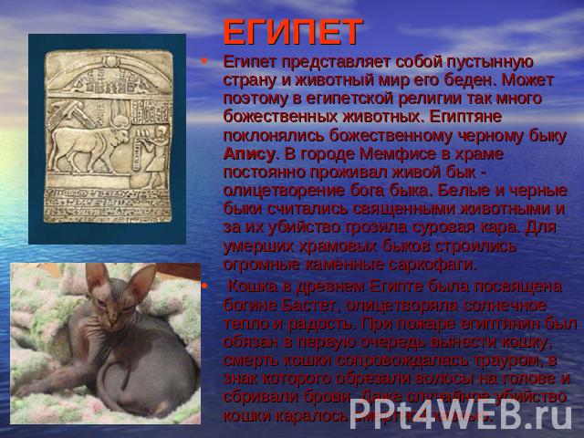 ЕГИПЕТ Египет представляет собой пустынную страну и животный мир его беден. Может поэтому в египетской религии так много божественных животных. Египтяне поклонялись божественному черному быку Апису. В городе Мемфисе в храме постоянно проживал живой …