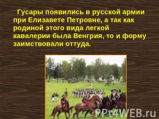 Гусары появились в русской армии при Елизавете Петровне, а так как родиной этого