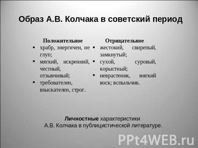 Образ А.В. Колчака в советский период Личностные характеристики А.В. Колчака в публицистической литературе.