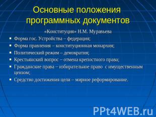 Основные положения программных документов «Конституция» Н.М. МуравьеваФорма гос.