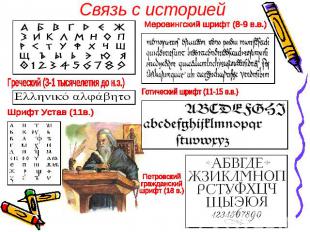 Связь с историей Меровингский шрифт (8-9 в.в.) Греческий (3-1 тысячелетия до н.э