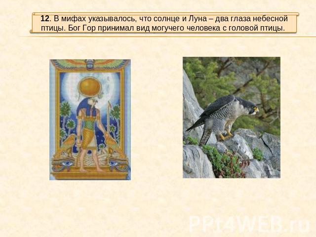 12. В мифах указывалось, что солнце и Луна – два глаза небесной птицы. Бог Гор принимал вид могучего человека с головой птицы.