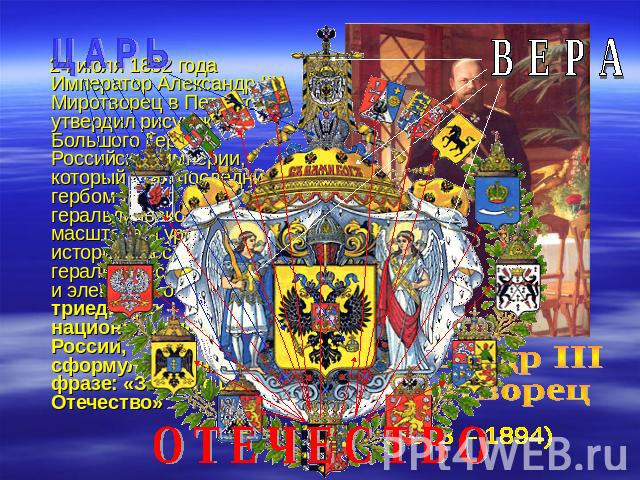 Ц А Р Ь 24 июля 1882 года Император Александр III Миротворец в Петергофе утвердил рисунок Большого Герба Российской империи, который стал последним гербом такого геральдического масштаба и уровня в истории России. Его геральдические символы и элемен…