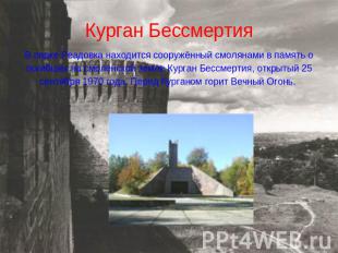 Курган БессмертияВ парке Реадовка находится сооружённый смолянами в память о пог