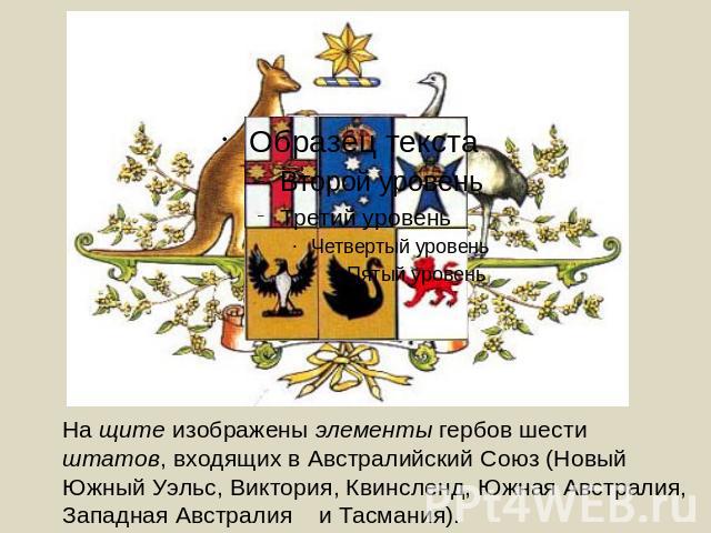 На щите изображены элементы гербов шести штатов, входящих в Австралийский Союз (Новый Южный Уэльс, Виктория, Квинсленд, Южная Австралия, Западная Австралия и Тасмания).