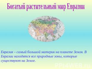 Богатый растительный мир Евразии Евразия – самый большой материк на планете Земл