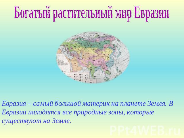 Богатый растительный мир Евразии Евразия – самый большой материк на планете Земля. В Евразии находятся все природные зоны, которые существуют на Земле.