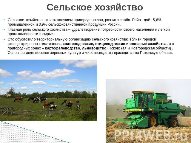 Сельское хозяйство Сельское хозяйство, за исключением пригородных зон, развито слабо. Район даёт 5,6% промышленной и 3,9% сельскохозяйственной продукции России. Главная роль сельского хозяйства – удовлетворение потребности своего населения и легкой …