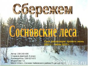 Сбережем Сосновские леса Срок реализации проекта июнь 2011 г. – июль 2012 г. Авт