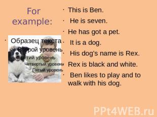 For example: This is Ben. He is seven. He has got a pet. It is a dog. His dog’s