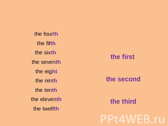 the fourth the fifththe sixth the seventh the eight the ninth the tenth the eleventh the twelfth the first the second the third
