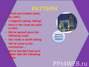 PATTERN I think we’d better (start, go, take)I suggest ( going, taking)Here is t