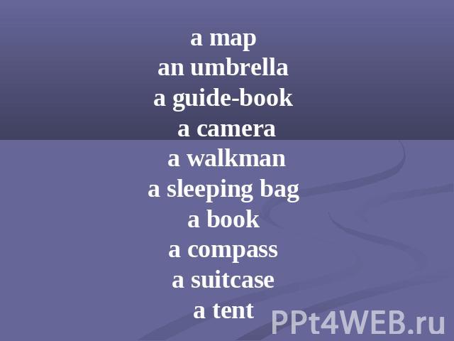 a map an umbrella a guide-book a camera a walkman a sleeping bag a book a compass a suitcase a tent