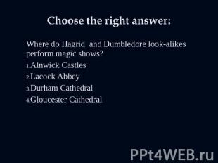 Choose the right answer: Where do Hagrid and Dumbledore look-alikes perform magi