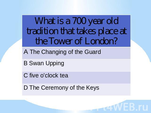 What is a 700 year old tradition that takes place at the Tower of London?