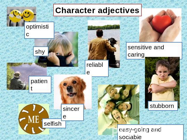 Character adjectives optimistic shy patient sincere selfish easy-going and sociable stubborn sensitive and caring
