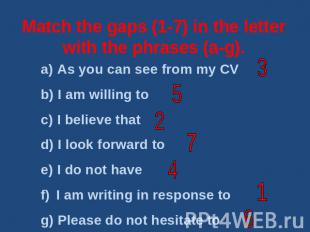 Match the gaps (1-7) in the letter with the phrases (a-g). As you can see from m