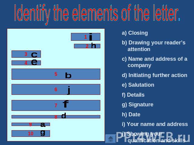 Identify the elements of the letter. a) Closingb) Drawing your reader’s attentionc) Name and address of a companyd) Initiating further actione) Salutationf) Detailsg) Signatureh) Datei) Your name and addressj) Showing your qualification and skills