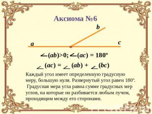 Аксиома №6 (ab)>0; (ac) = 180º(ac) = (ab) + (bc) Каждый угол имеет определенную