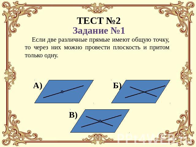 Если две различные прямые имеют общую точку, то через них можно провести плоскость и притом только одну.