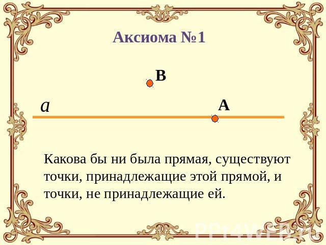 Аксиома №1 Какова бы ни была прямая, существуют точки, принадлежащие этой прямой, и точки, не принадлежащие ей.