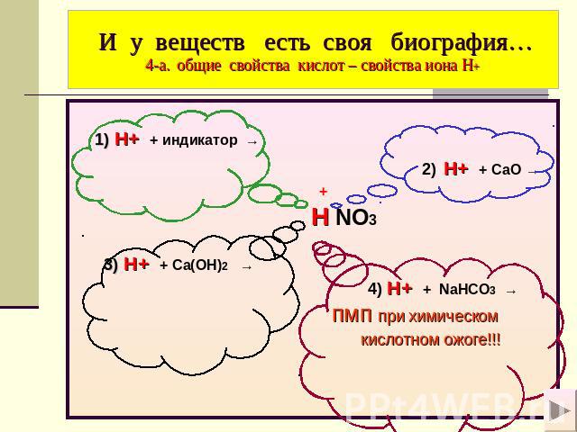 И у веществ есть своя биография…4-а. общие свойства кислот – свойства иона Н+ 1) H+ + индикатор → 2) H+ + СaO → + H NO3 3) H+ + Ca(OH)2 → 4) H+ + NaHCO3 → пмп при химическом кислотном ожоге!!!