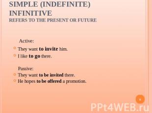 Simple (Indefinite) Infinitiverefers to the present or future They want to invit