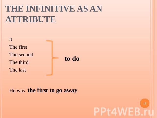 The Infinitive as an Attribute 3The firstThe secondThe thirdThe lastHe was the first to go away.