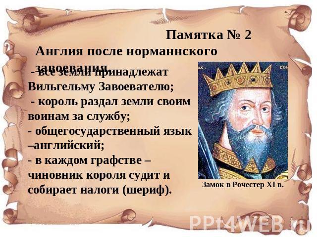 Англия после норманнского завоевания. - все земли принадлежат Вильгельму Завоевателю; - король раздал земли своим воинам за службу;- общегосударственный язык –английский;- в каждом графстве – чиновник короля судит и собирает налоги (шериф).