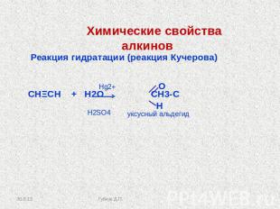 Химические свойства алкинов Реакция гидратации (реакция Кучерова) СНΞСН + Н2О СН