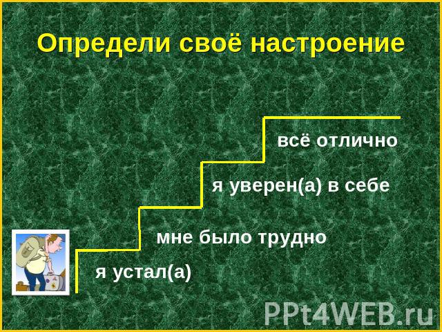 Определи своё настроение всё отлично я уверен(а) в себе мне было трудно я устал(а)