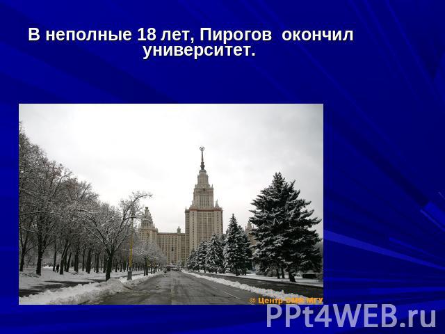 В неполные 18 лет, Пирогов окончил университет.