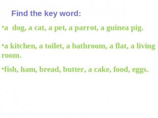 Find the key word: a dog, a cat, a pet, a parrot, a guinea pig. a kitchen, a toi