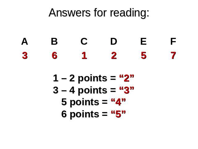 Answers for reading: 1 – 2 points = “2”3 – 4 points = “3”5 points = “4”6 points = “5”